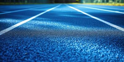 blue running track at the stadium photo