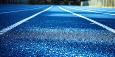 blue running track at the stadium photo