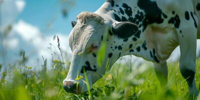 spotted cow in the pasture photo