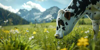 manchado vaca en el pasto foto
