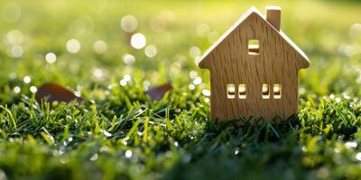 wooden house model on grass miniature real estate concept photo