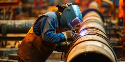 welder in a protective helmet welds a pipe photo