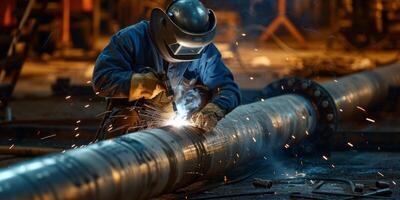 welder in a protective helmet welds a pipe photo