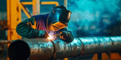 welder in a protective helmet welds a pipe photo