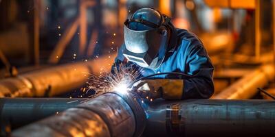 welder in a protective helmet welds a pipe photo
