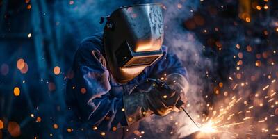 welder in a protective helmet welds a pipe photo