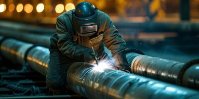 welder in a protective helmet welds a pipe photo