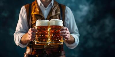 waiter carries glasses of beer close-up oktoberfest photo