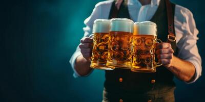 waiter carries glasses of beer close-up oktoberfest photo