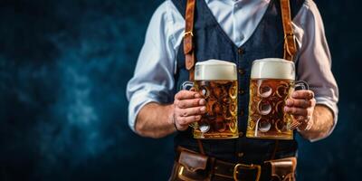 waiter carries glasses of beer close-up oktoberfest photo