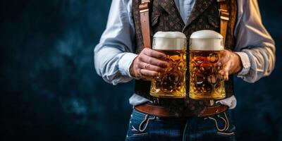 waiter carries glasses of beer close-up oktoberfest photo