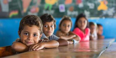 primary school children at school desk photo