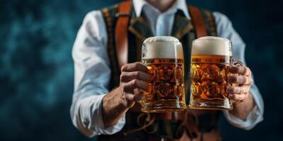 waiter carries glasses of beer close-up oktoberfest photo