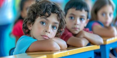 primary school children at school desk photo