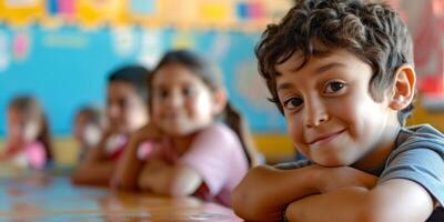 primary school children at school desk photo