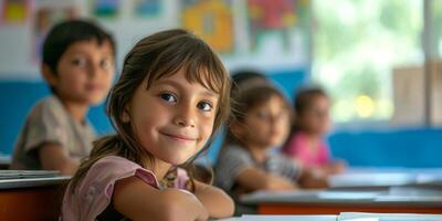 primary school children at school desk photo