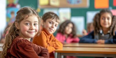 primary school children at school desk photo