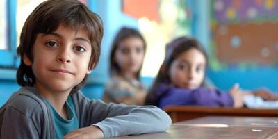 primary school children at school desk photo