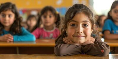 primary school children at school desk photo