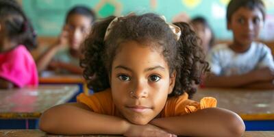 primary school children at school desk photo