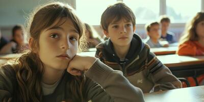 Schoolchildren at their desks in the classroom photo