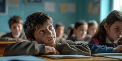 Schoolchildren at their desks in the classroom photo