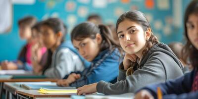 Schoolchildren at their desks in the classroom photo