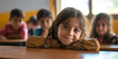 primary school children at school desk photo
