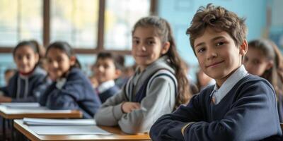 Niños de escuela a su escritorios en el salón de clases foto