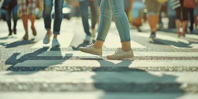 pedestrians on a zebra crossing crossing the street photo