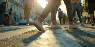 pedestrians on a zebra crossing crossing the street photo