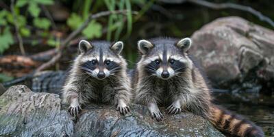 raccoons on blurred background wildlife photo