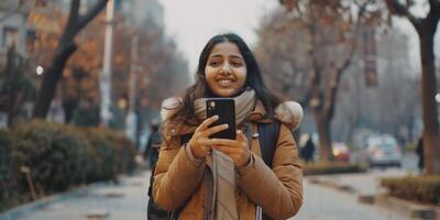 young woman taking selfie on the street photo
