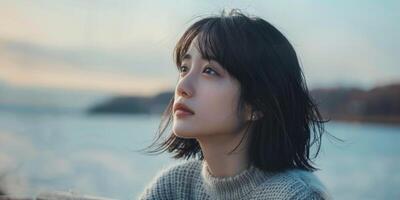 portrait of a young Asian woman against the background of the sea photo