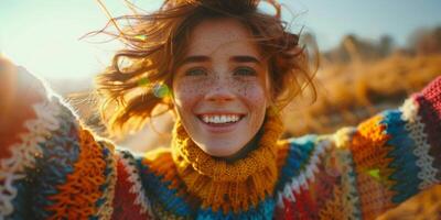 joven mujer en un hermosa de punto suéter Moda foto