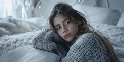 young woman in a knitted sweater on the sofa photo