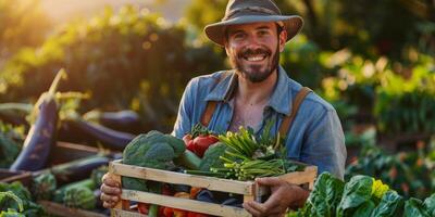 Farmer holding assorted vegetables in his hands photo