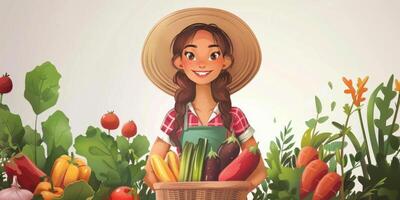 Farmer woman with basket of vegetables illustration photo