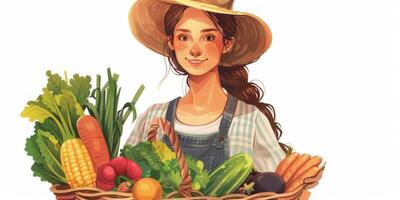 Farmer woman with basket of vegetables illustration photo