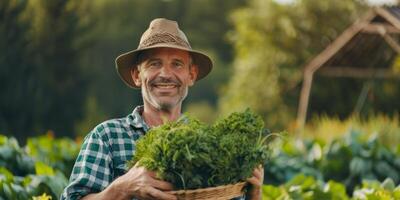 Farmer holding greens from the garden in his hands photo