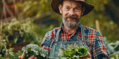 Farmer holding greens from the garden in his hands photo