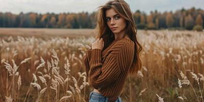 mujer en un de punto suéter en un otoño campo foto