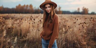 woman in a knitted sweater in an autumn field photo