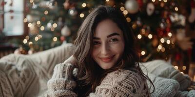 niña en un de punto suéter en contra el antecedentes de un nuevo año árbol foto