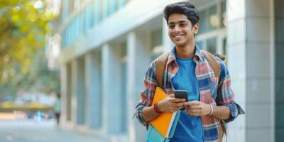 masculino hindú estudiante caminando abajo el calle con un teléfono foto