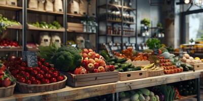 counters with vegetables and fruits in a supermarket photo