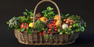 wicker basket with vegetables and fruits photo