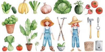 Farmer with vegetables and tools for vegetable garden drawing photo