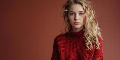 joven mujer en un rojo de punto suéter foto