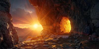 stone rocky empty cave tomb and light rays easter photo